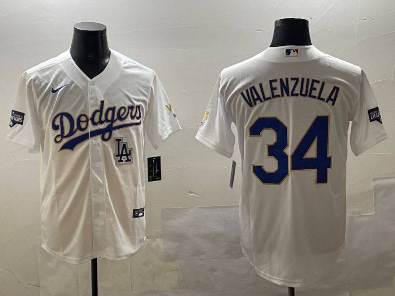 Men Los Angeles Dodgers 34 Valenzuela White blue Gold Game 2025 Nike MLB Jersey style 7